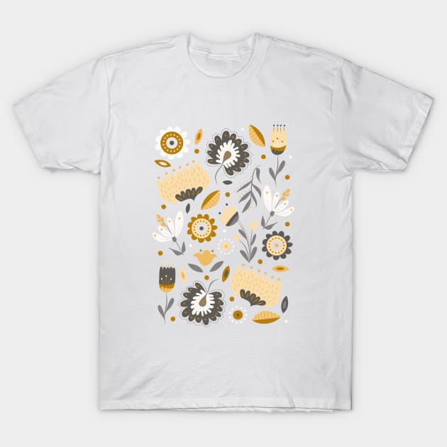 Floral Folk Art in Mustard Yellow T-Shirt by latheandquill